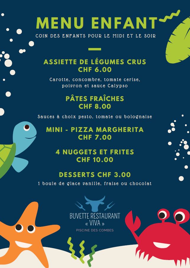 Buvette restaurant viva piscine des Combes menu enfants