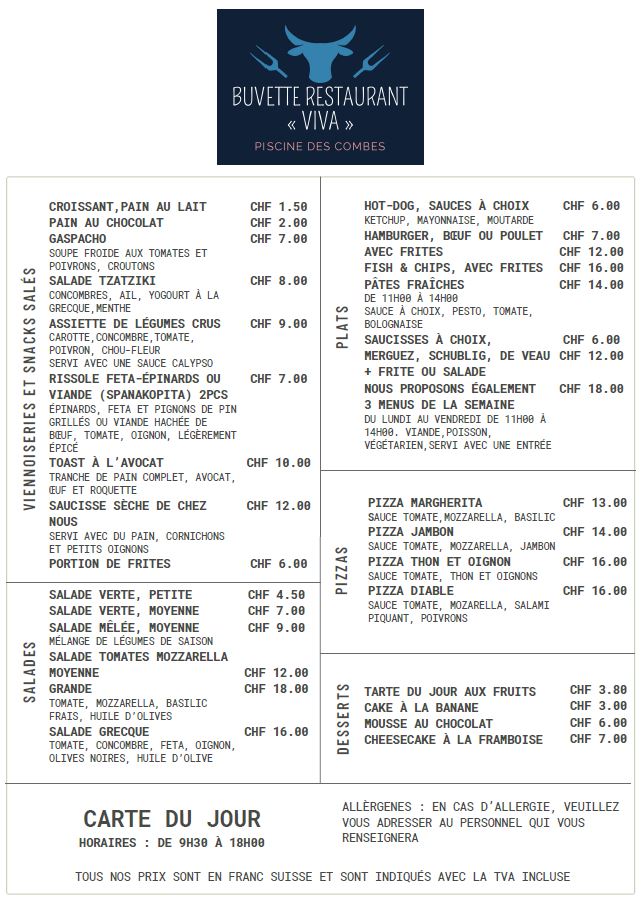 Buvette restaurant viva piscine des Combes menu midi