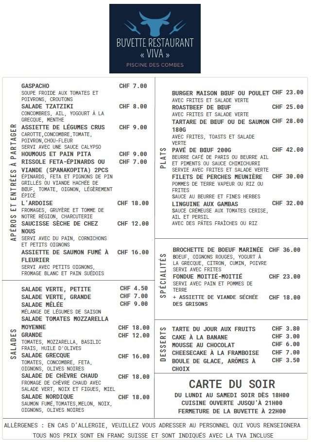 Buvette restaurant viva piscine des Combes menu soir